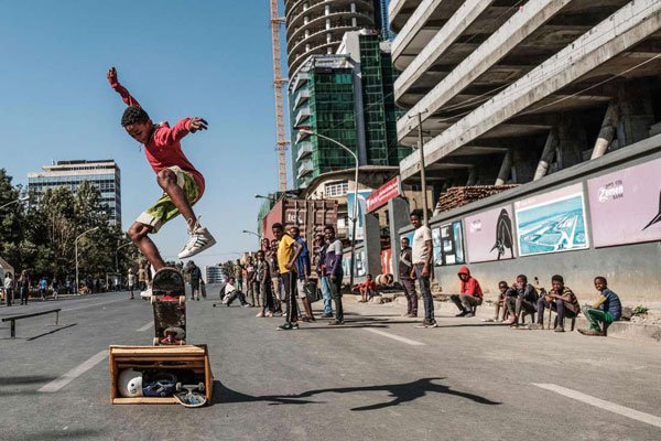 A skateboarder performs on a street in Addis Ababa on February 3, 2019 during the third Car Free Day. [PHOTO | EDUARDO SOTERAS | AFP]